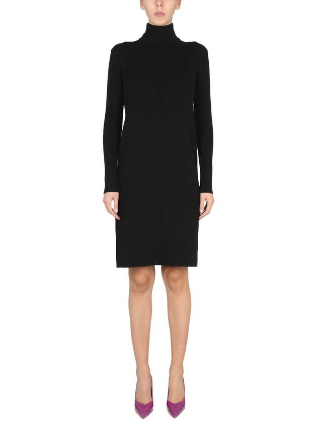 Bottega Veneta Cut Out Detail High Neck Wool Midi Dress Black