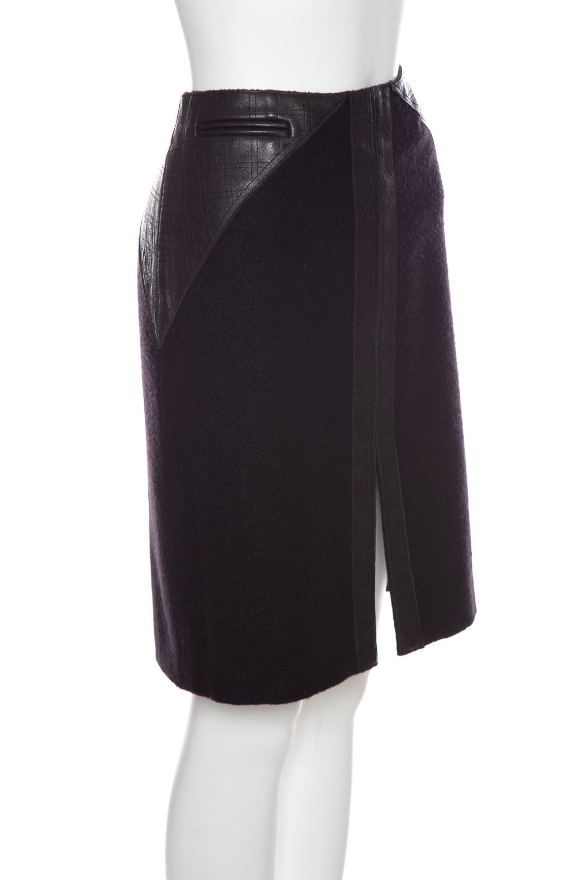 Chanel Black Wool and Lambskin Leather Skirt SZ 40