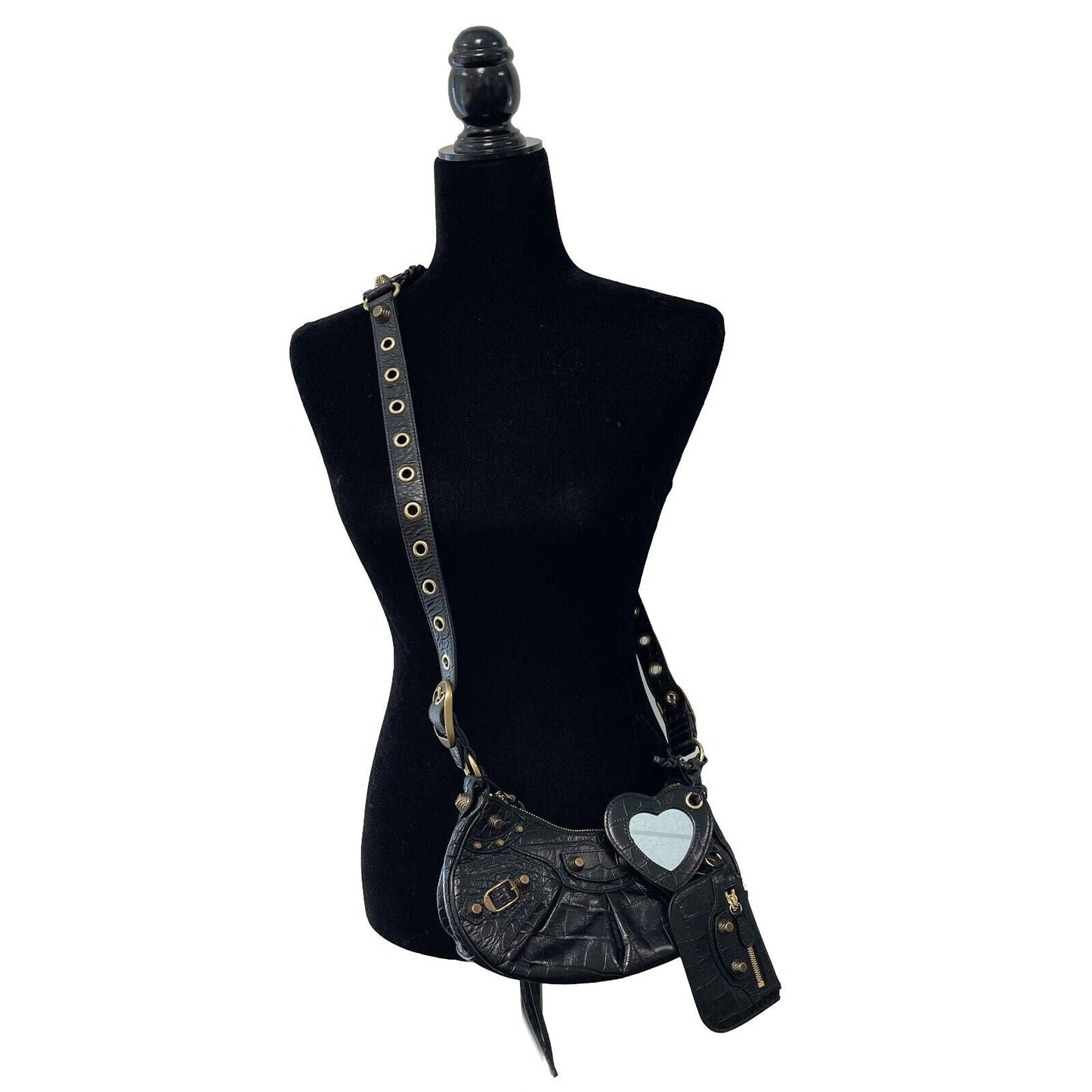 BALENCIAGA - XS Shoulder Bag Crocodile Embossed Black Studded Shoulder Bag NEW