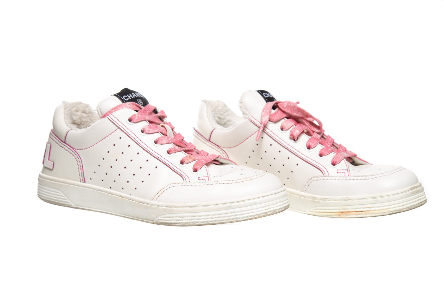 Chanel White and Pink Perforated "CHA-NEL" Sneakers SZ 40