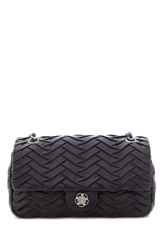 Chanel 2008 Black Lambskin Pleated Leather Single Flap Handbag