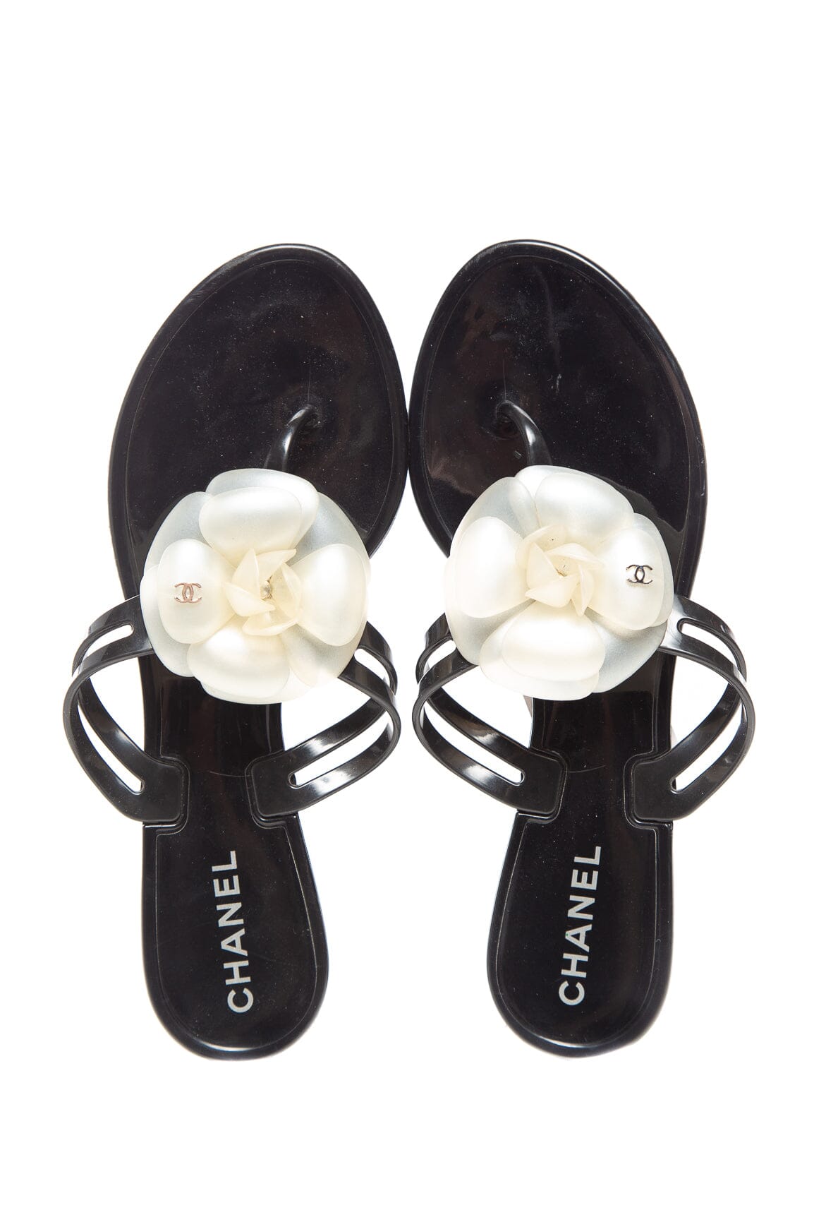Chanel Black Jelly Camellia Thong Sandals SZ 38