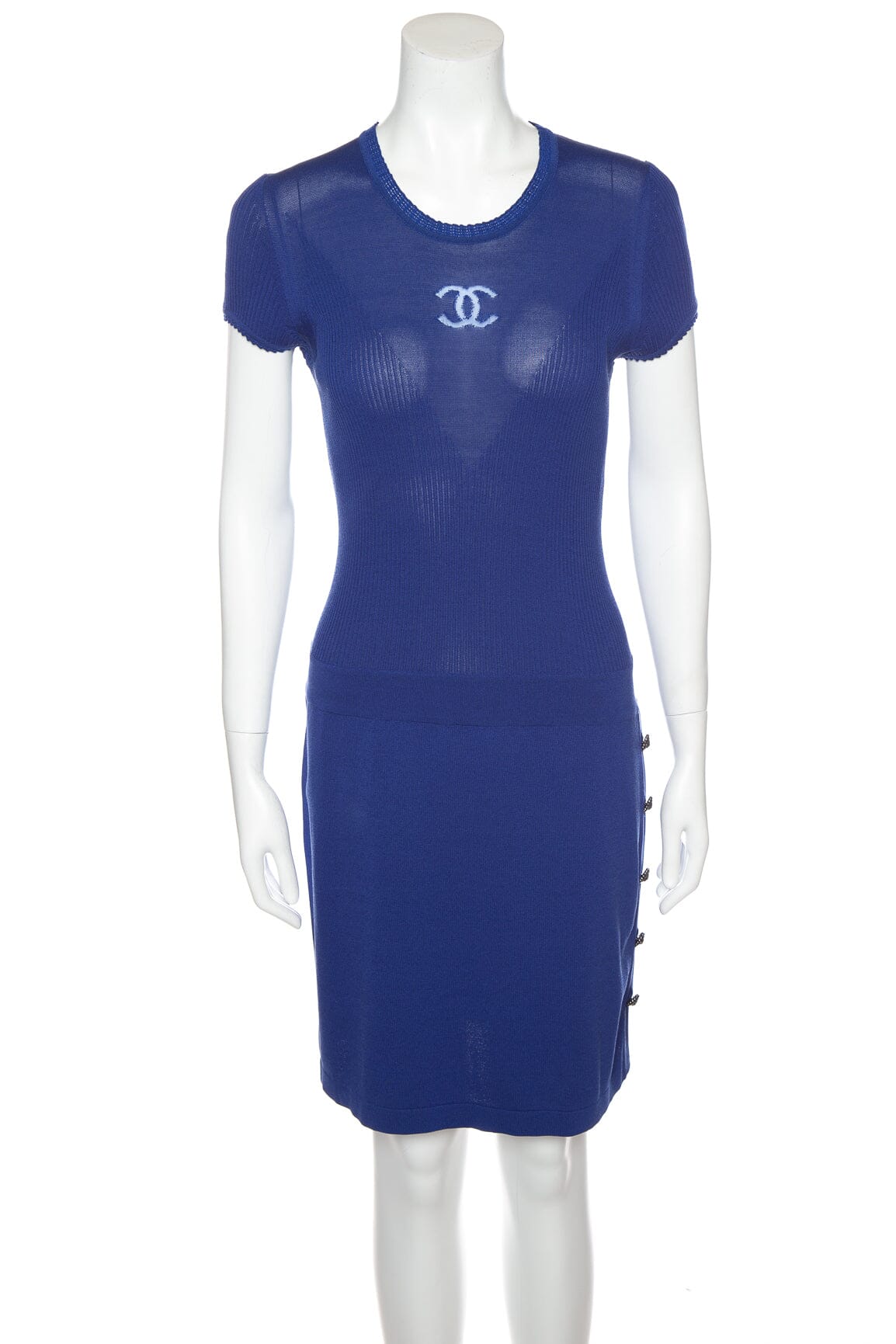 Chanel Cobalt Blue Logo Knit Dress SZ 40