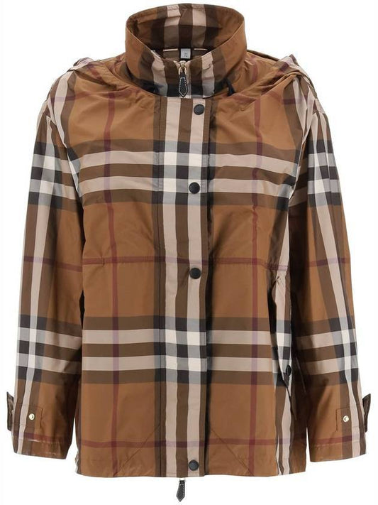 Burberry Check Off Shoulder Hooded Jacket Brown