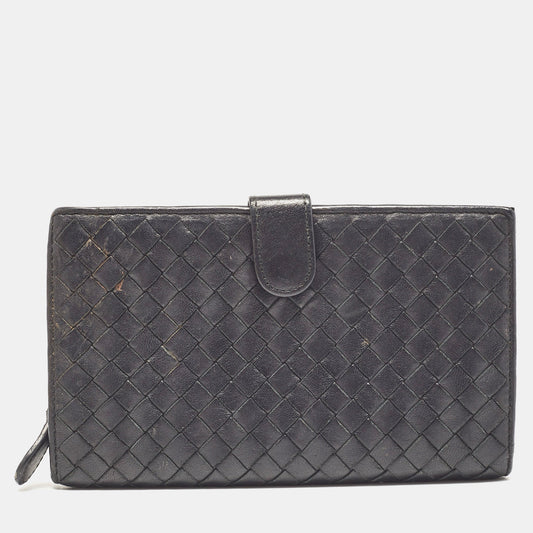 Bottega Veneta Black Intrecciato Leather French Flap Wallet