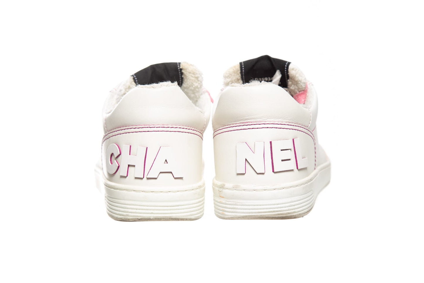 Chanel White and Pink Perforated "CHA-NEL" Sneakers SZ 40
