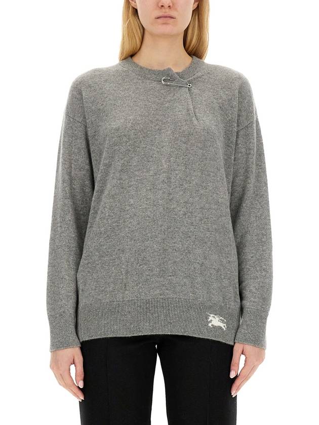 Burberry Logo Crew Neck Cashmere Knit Top Light Grey Melange