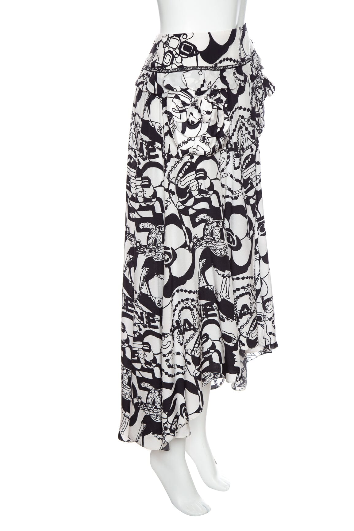 Chanel Black and White Graphic Print Silk Midi Skirt SZ 34