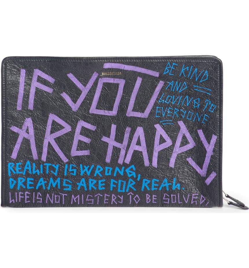 Balenciaga Bazar Graffiti Purple Blue Black Arena Leather Pouch 443658