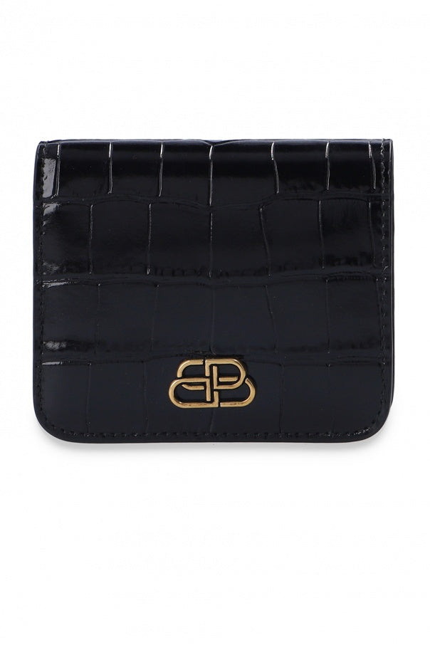 Balenciaga Black Calf Leather Crocodile Embossed Mini Wallet 601474