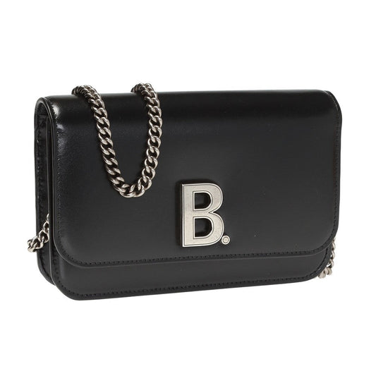 Balenciaga Black Calfskin Leather Silver Logo Chain Wallet Bag 593615