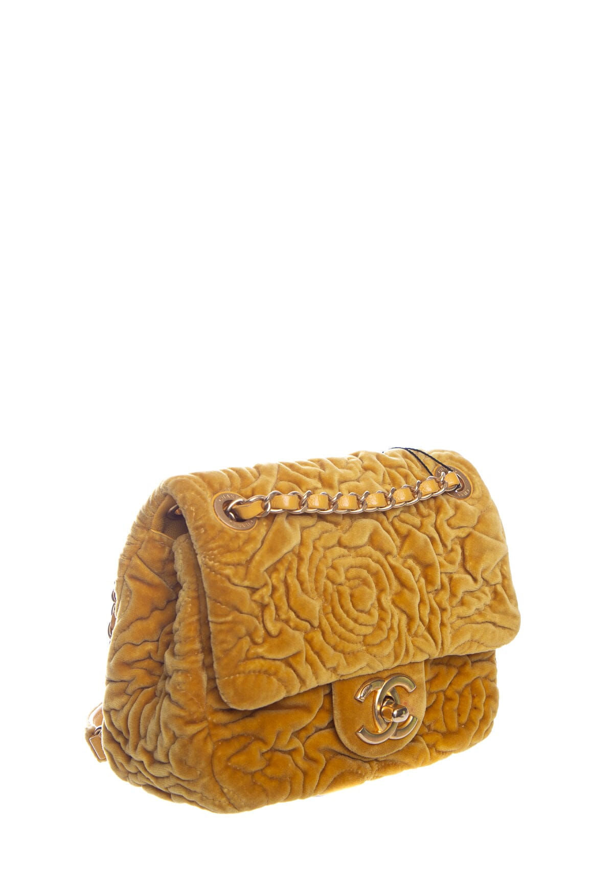Chanel 2021 Yellow Velvet Camellia Mini Flap Handbag