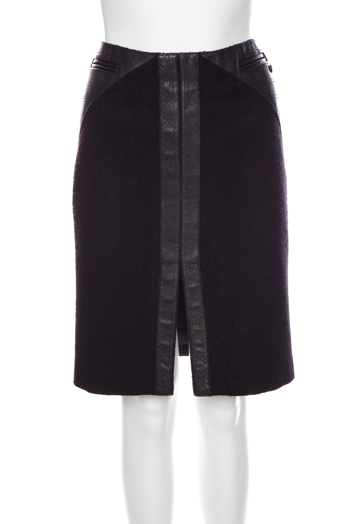 Chanel Black Wool and Lambskin Leather Skirt SZ 40
