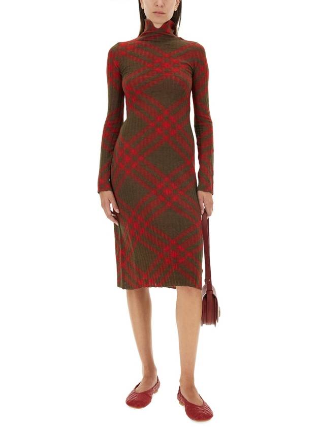 Burberry Check Turtleneck Wool Blend Midi Dress Brown Red