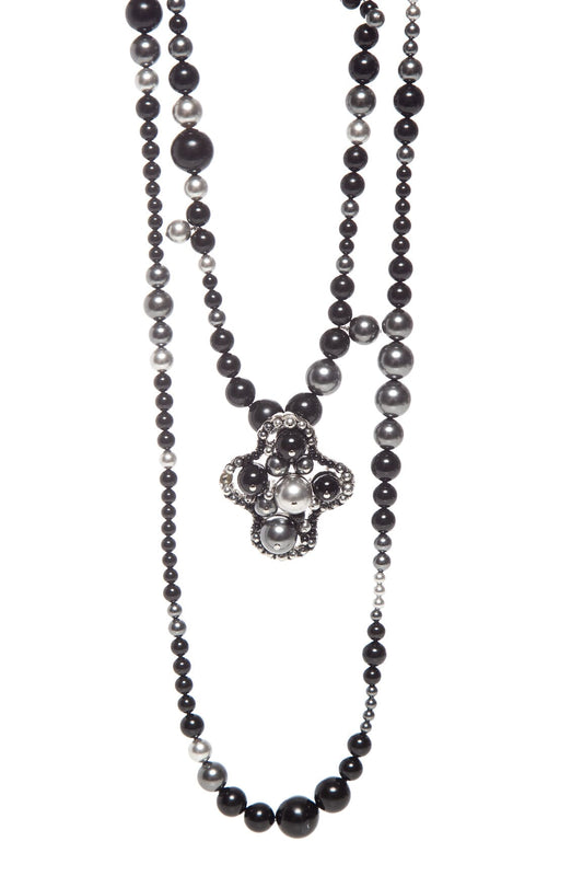 Chanel Black and Silver Faux Pearl CC Multistrand Necklace -AS IS