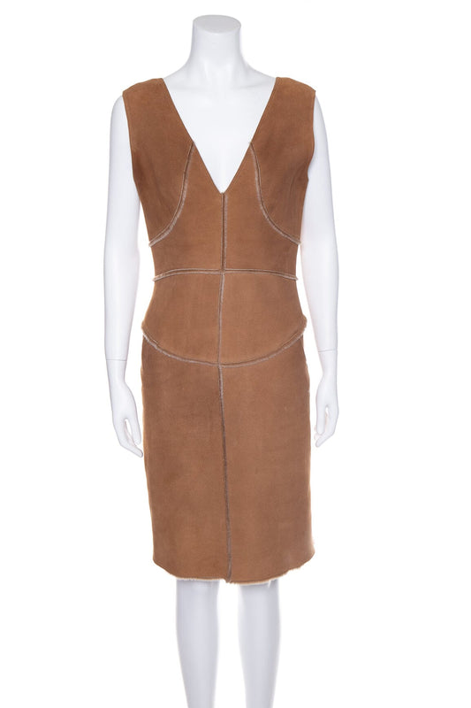Chanel Brown Shearling Sleeveless Dress SZ 40