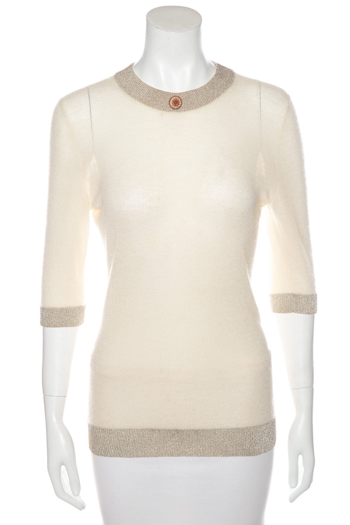 Chanel Vintage Spring 1996 Cream Cashmere Silver Tone Trim Sweater SZ 38