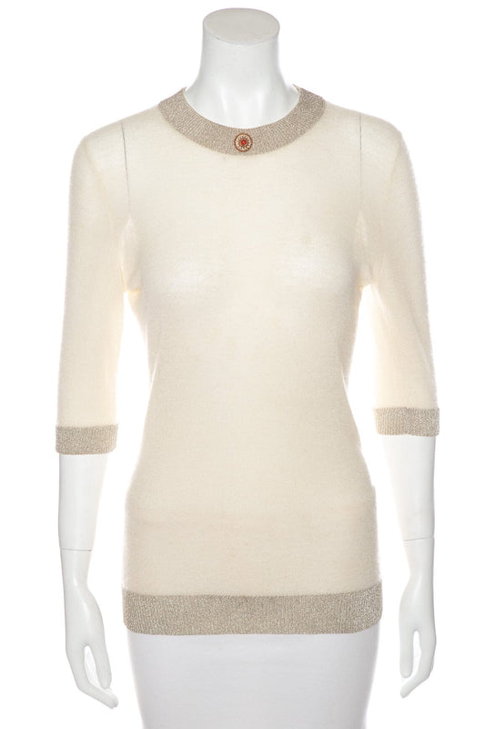 Chanel Vintage Spring 1996 Cream Cashmere Silver Tone Trim Sweater SZ 38