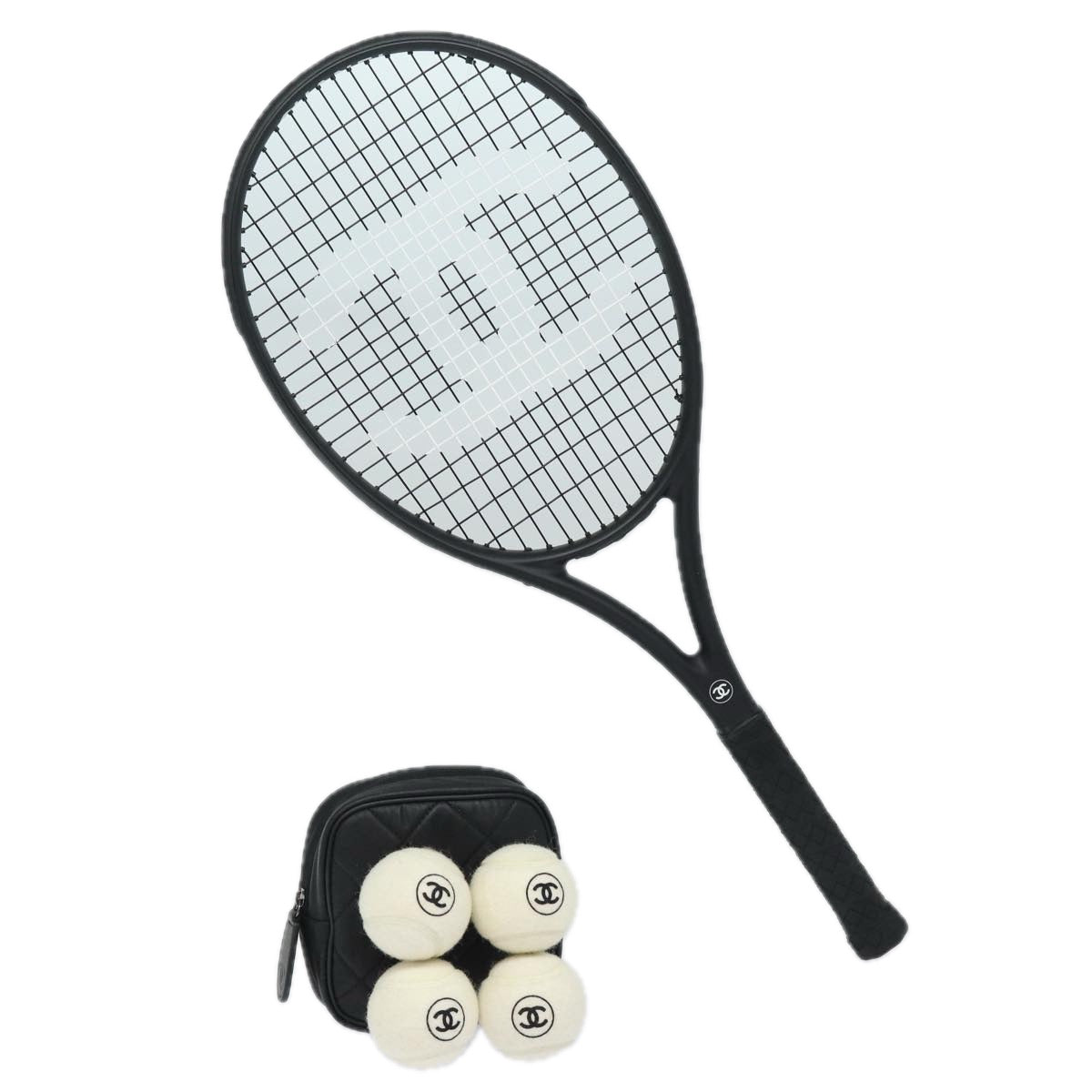 CHANEL Tennis Racket And Ball Set Leather Black White CC bs15099A