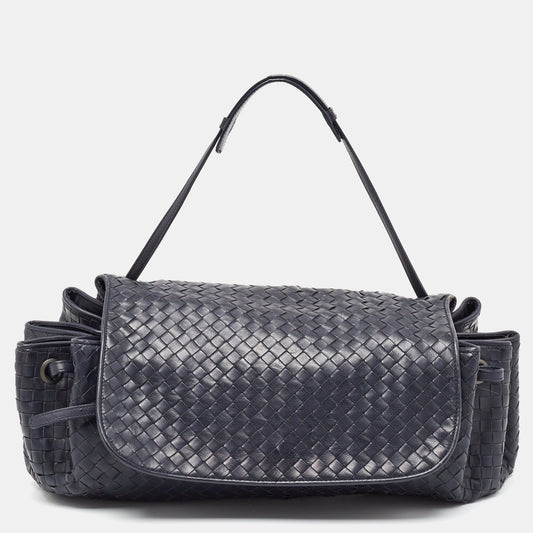 Bottega Veneta Navy Blue Intrecciato Leather Drawstring Flap Bag