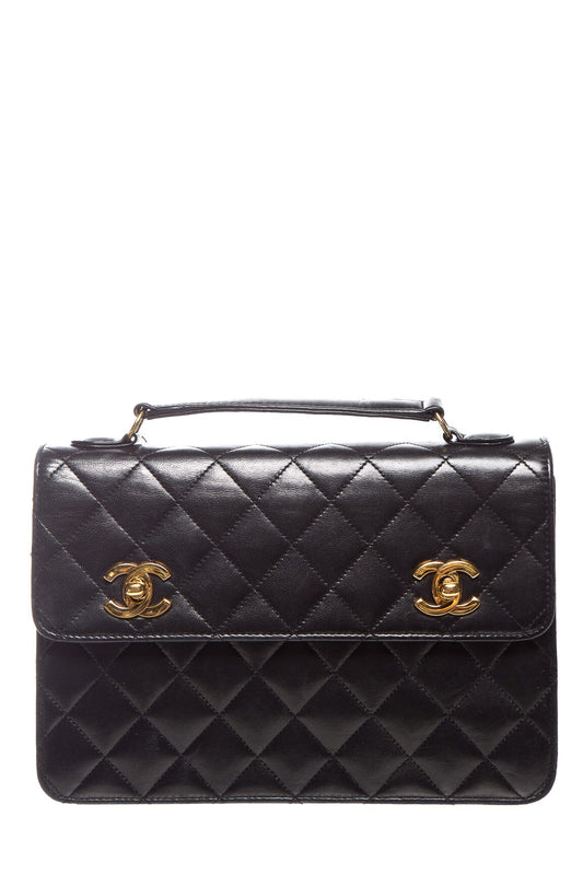 Chanel Vintage Black Leather Small  Briefcase Bag