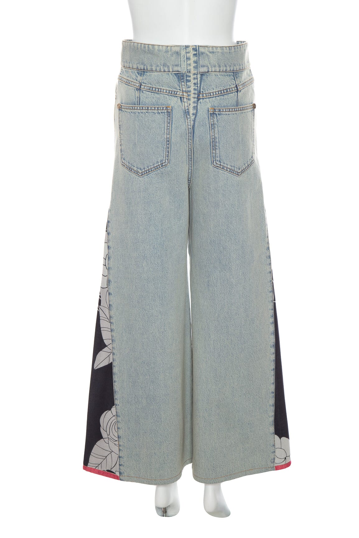 Chanel 2021 Light Wash Interlocking CC and Camellia Print Wide Leg Jeans SZ 38