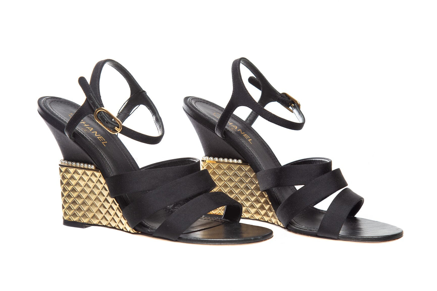 Chanel Black Satin and Gold Quilted Wedge SZ 37.5