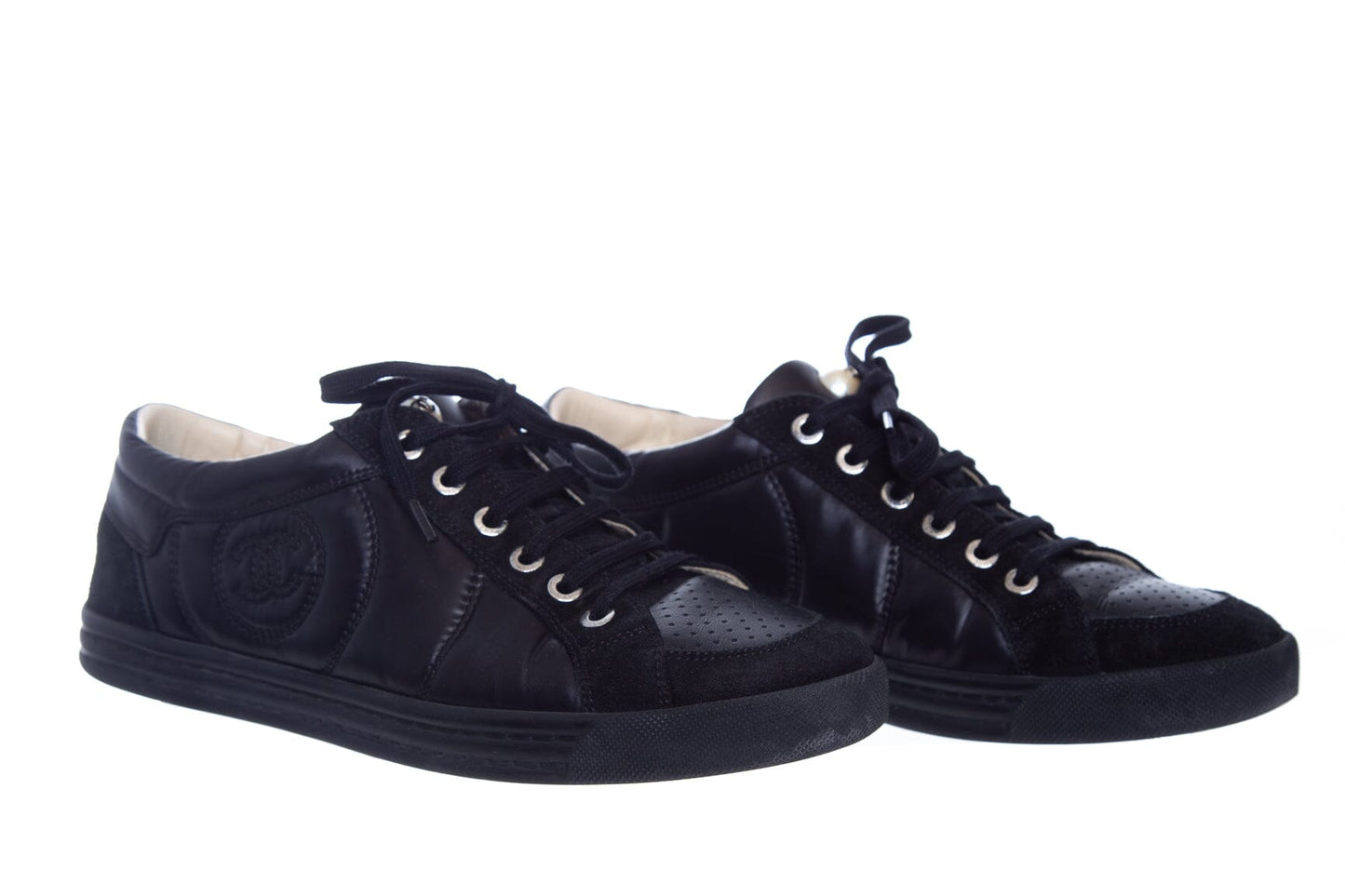 Chanel Black Leather Lace Up CC Sneakers SZ 38.5
