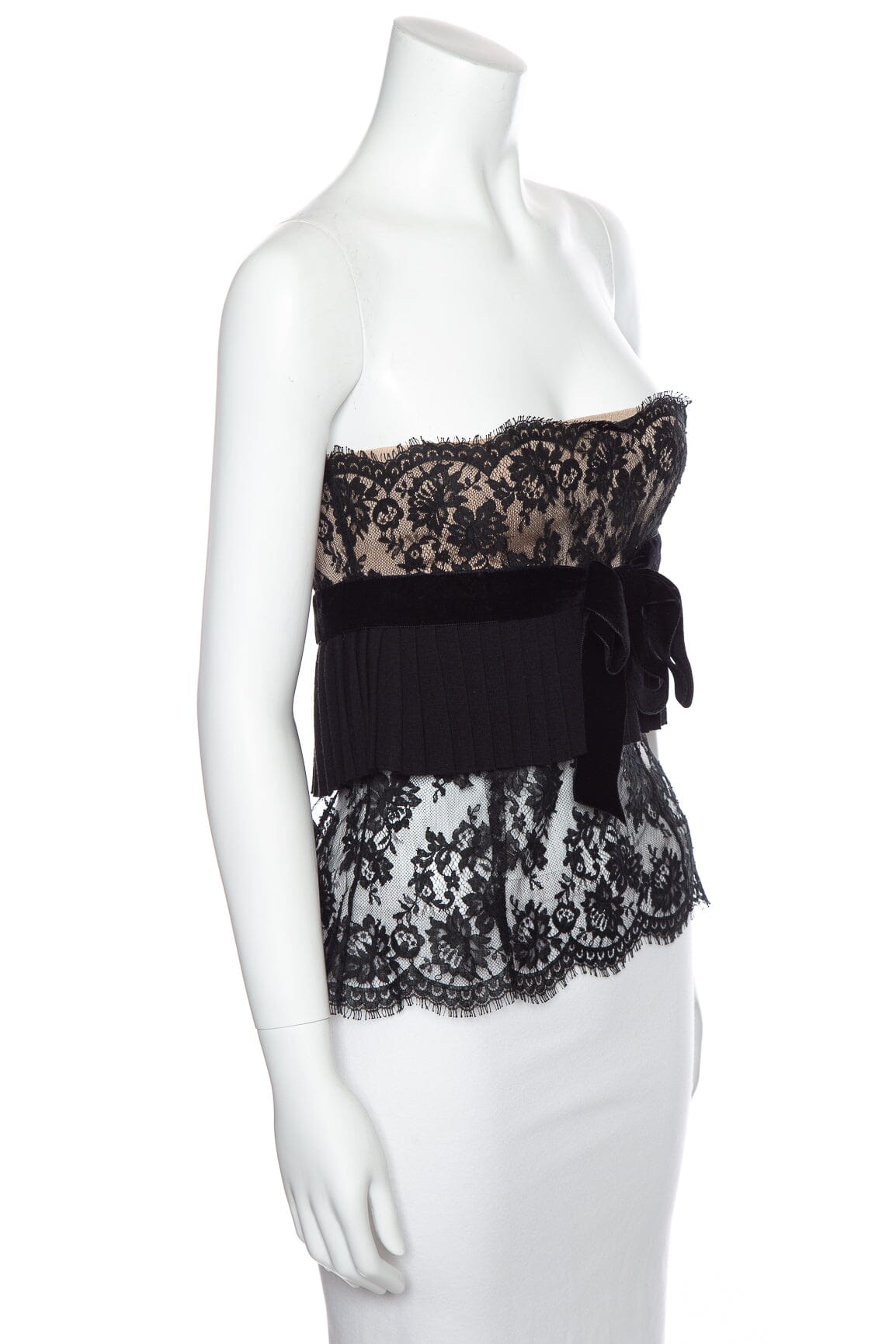 Valentino Pleated Lace Black & Tan Tube Top SZ M