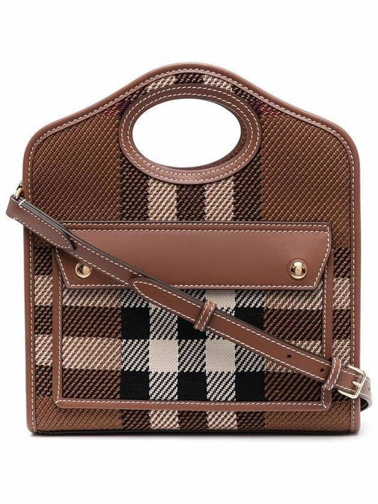 Burberry Mini Knit Check Leather Pocket Tote Bag Brown