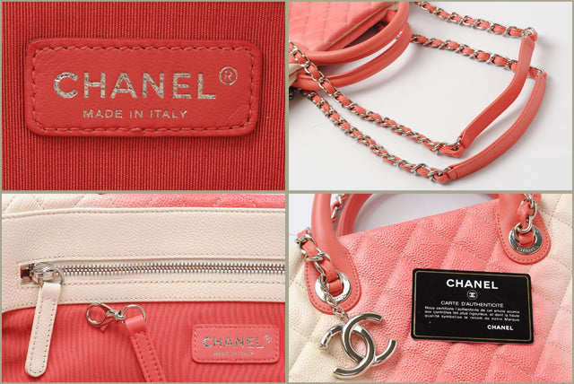 Chanel Caviar Skin 2way Tote/Shoulder Bag Coral Pink/Ivory