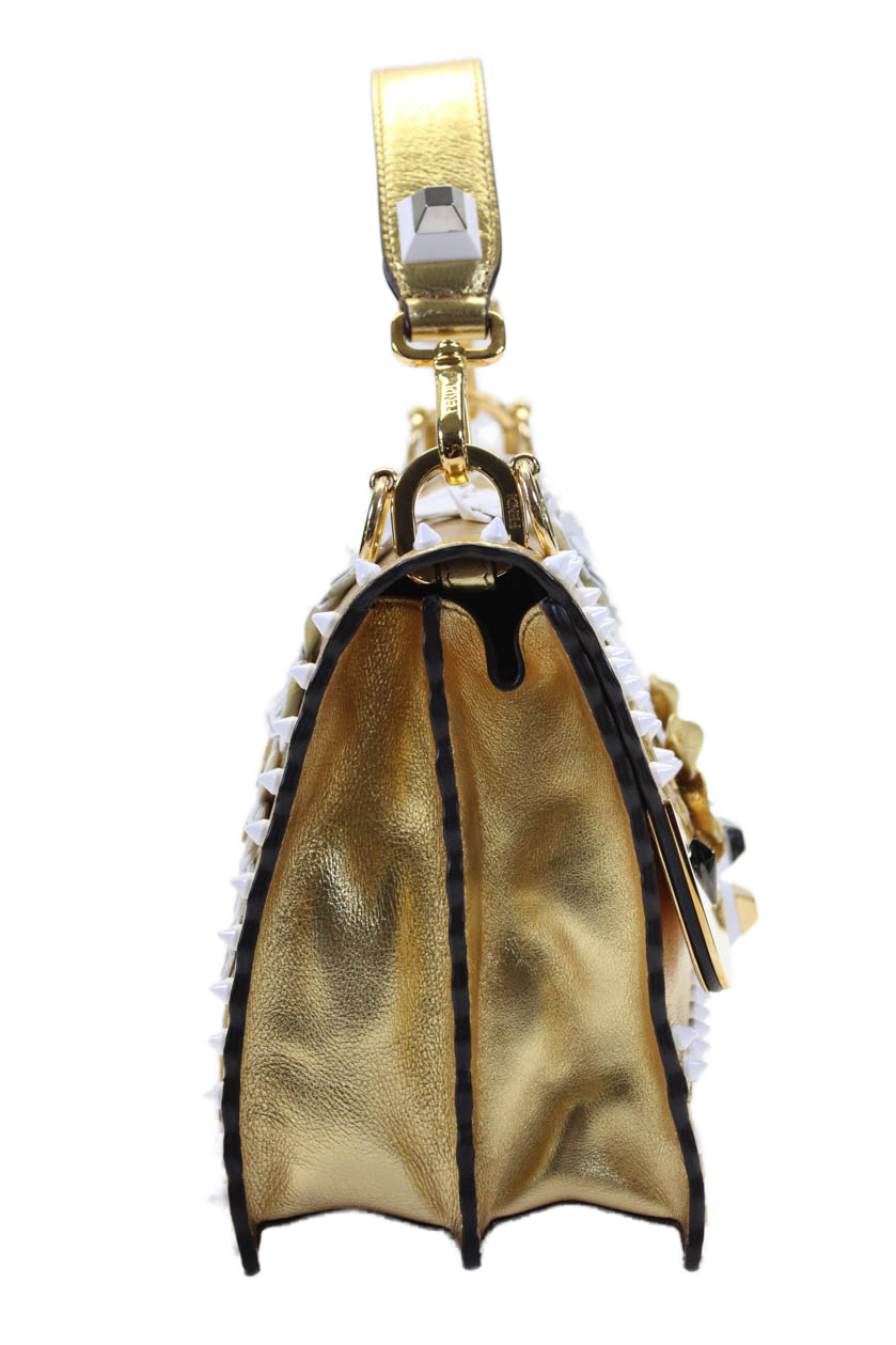 Fendi Womens Metallic Calfskin Wonder Monster Kan I Shoulder Handbag Gold Tone