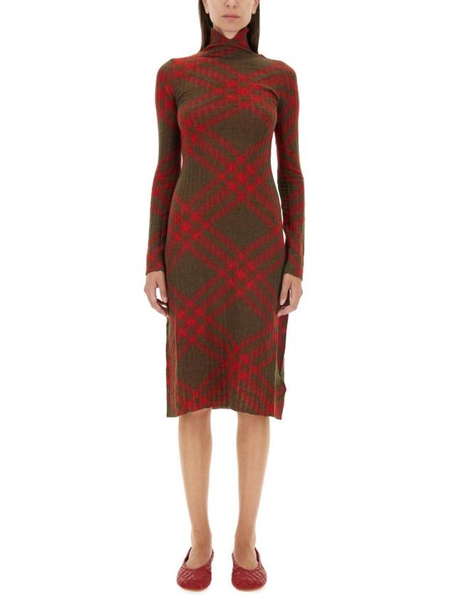 Burberry Check Turtleneck Wool Blend Midi Dress Brown Red