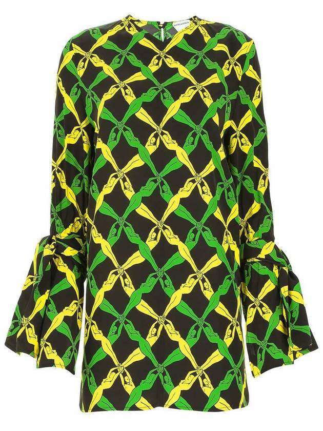 Bottega Veneta Fantasia Print Viscose Tie Cuff Blouse Grass Yellow