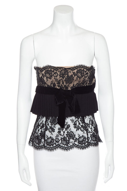 Valentino Pleated Lace Black & Tan Tube Top SZ M