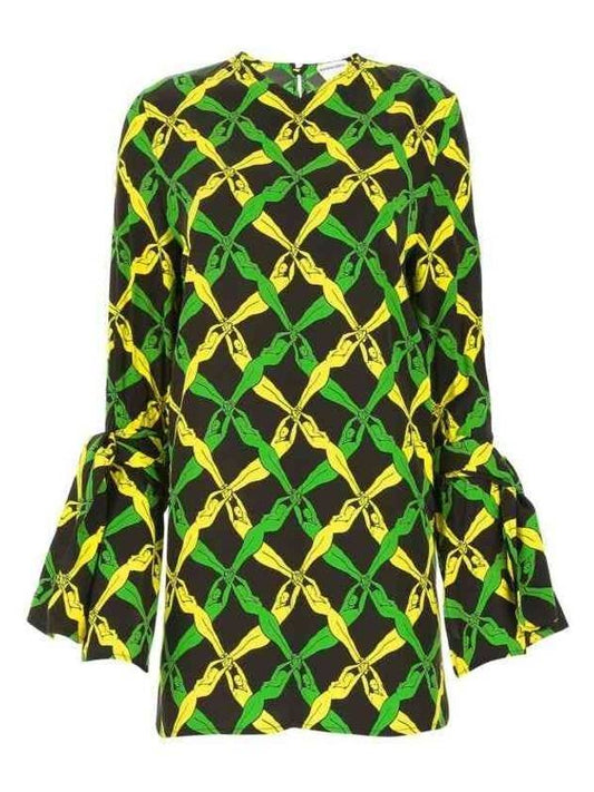 Bottega Veneta Fantasia Print Viscose Tie Cuff Blouse Grass Yellow