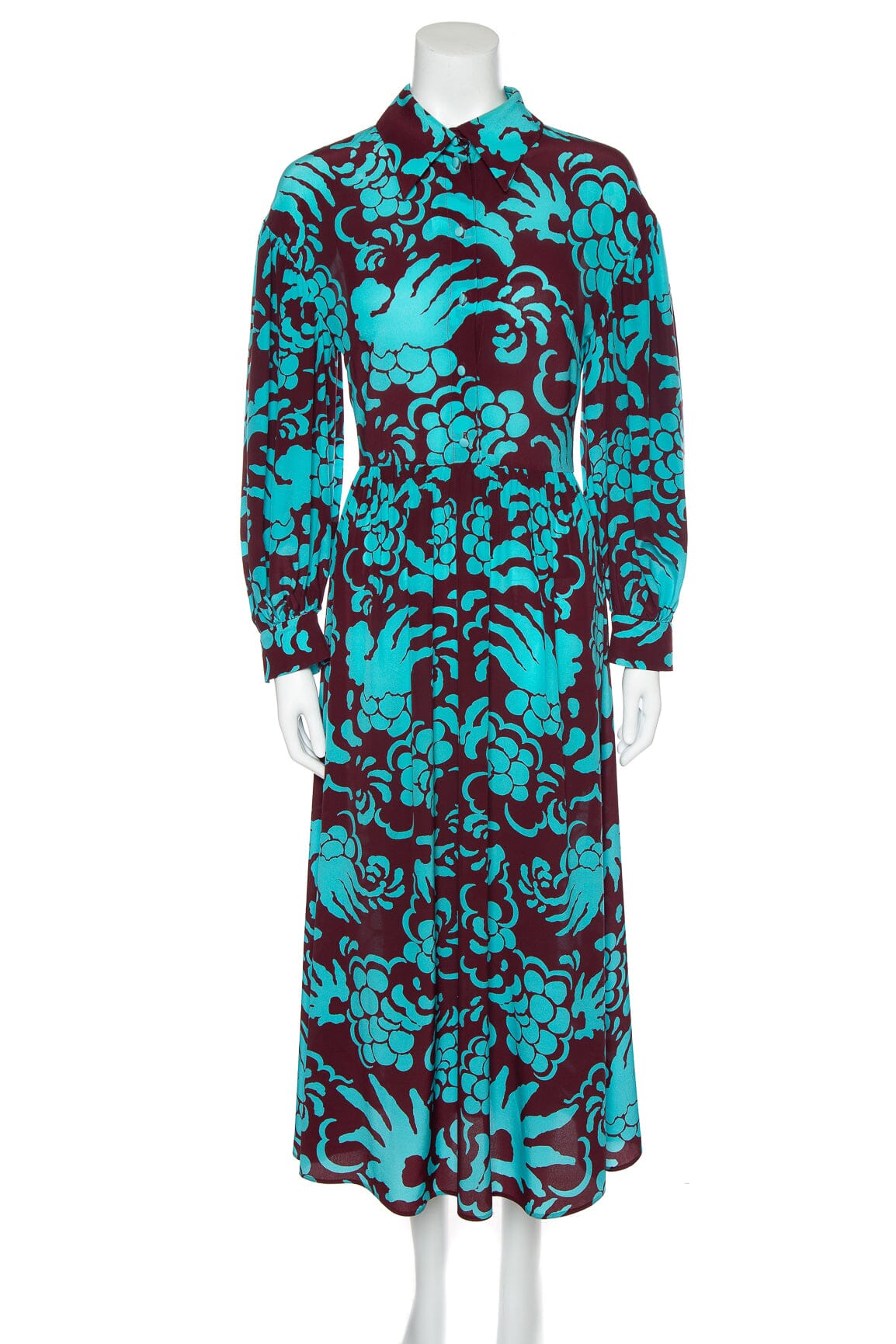 Valentino Teal and Brown Print Collared Dress SZ S