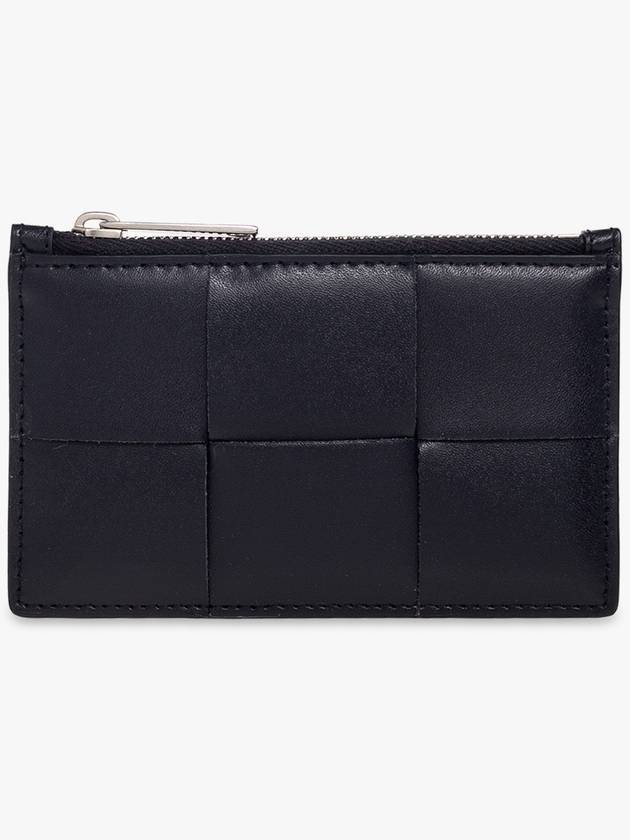 Bottega Veneta Intrecciato Leather Silver Zipper Card Wallet Navy