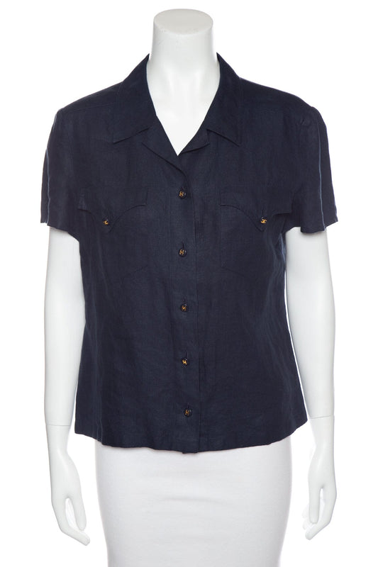 Chanel Vintage 1997 Navy Linen Blouse SZ 44