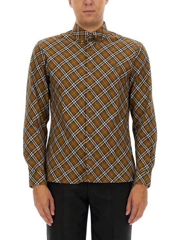 Burberry B Shield Embroidered Check Cotton Long Sleeve Shirt Oxide