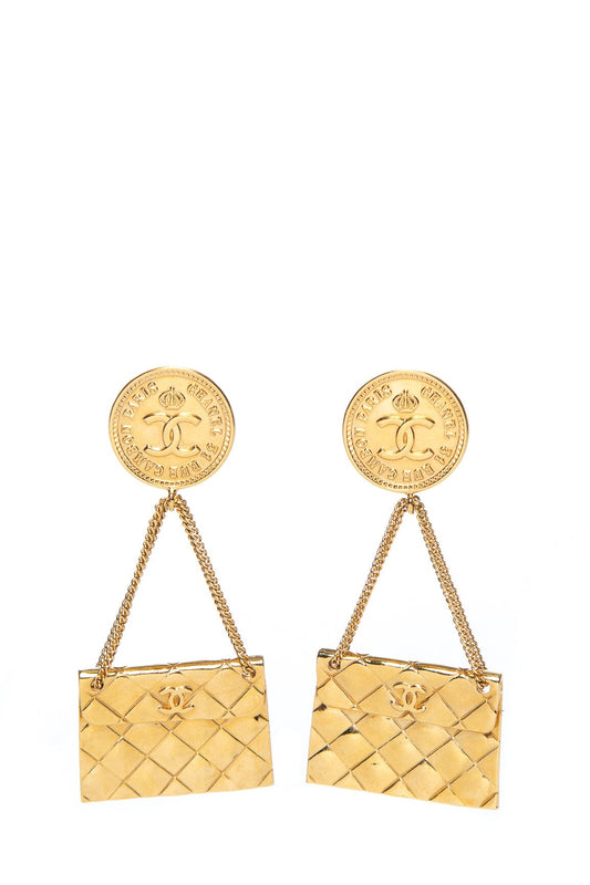 Chanel Vintage 1993 Spring 31 Gold Rue Cambon Purse Drop Clip-On Earrings