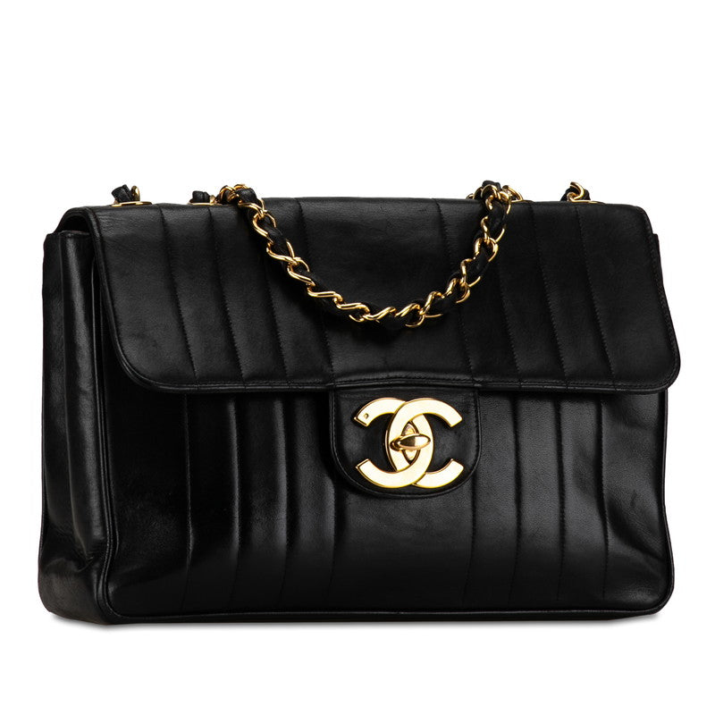 Chanel Mademoiselle Coco Mark Double Flap Chain Shoulder Bag Black Gold Lambskin
