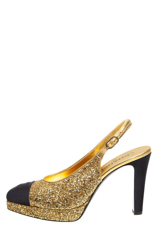 Chanel Gold Glitter CC Toe Heels SZ 40.5