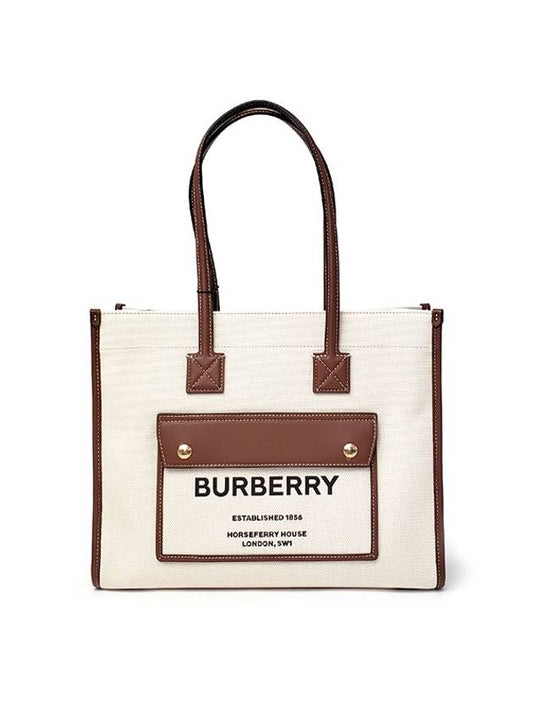 Burberry Freya Small Canvas Leather Tote Bag Natural Tan