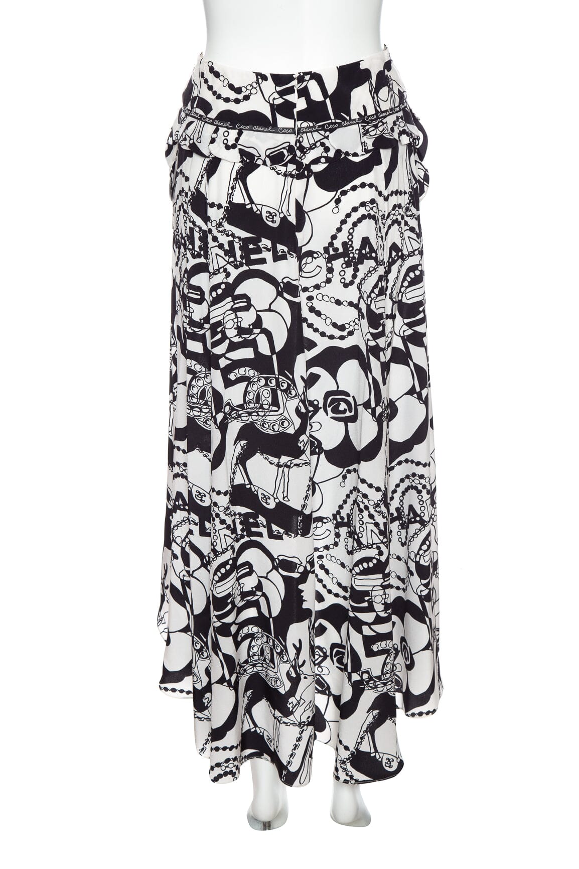 Chanel Black and White Graphic Print Silk Midi Skirt SZ 34