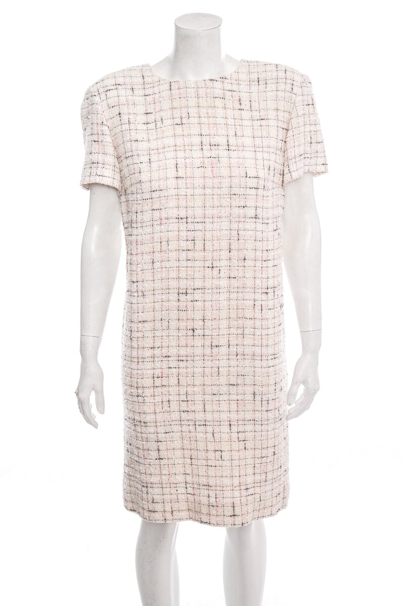 Chanel Pink and White Short Sleeve Tweed Dress SZ 42