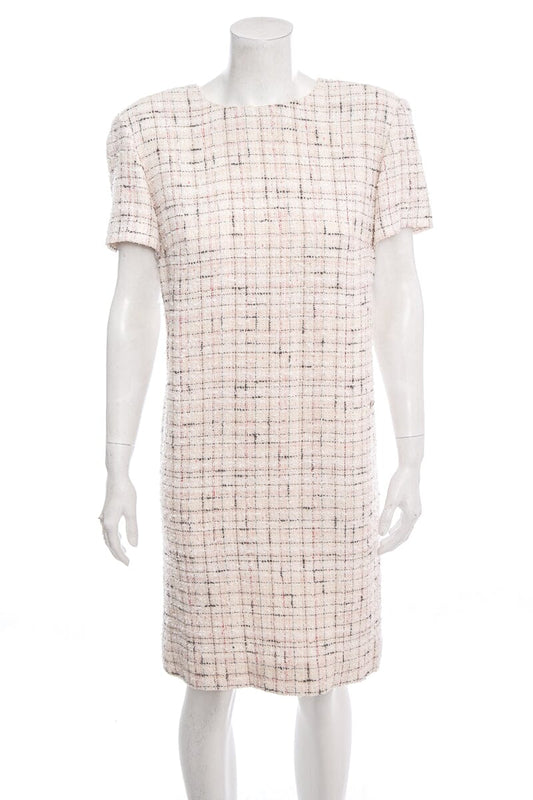 Chanel Pink and White Short Sleeve Tweed Dress SZ 42