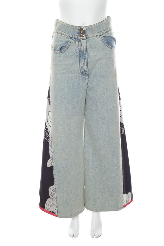 Chanel 2021 Light Wash Interlocking CC and Camellia Print Wide Leg Jeans SZ 38