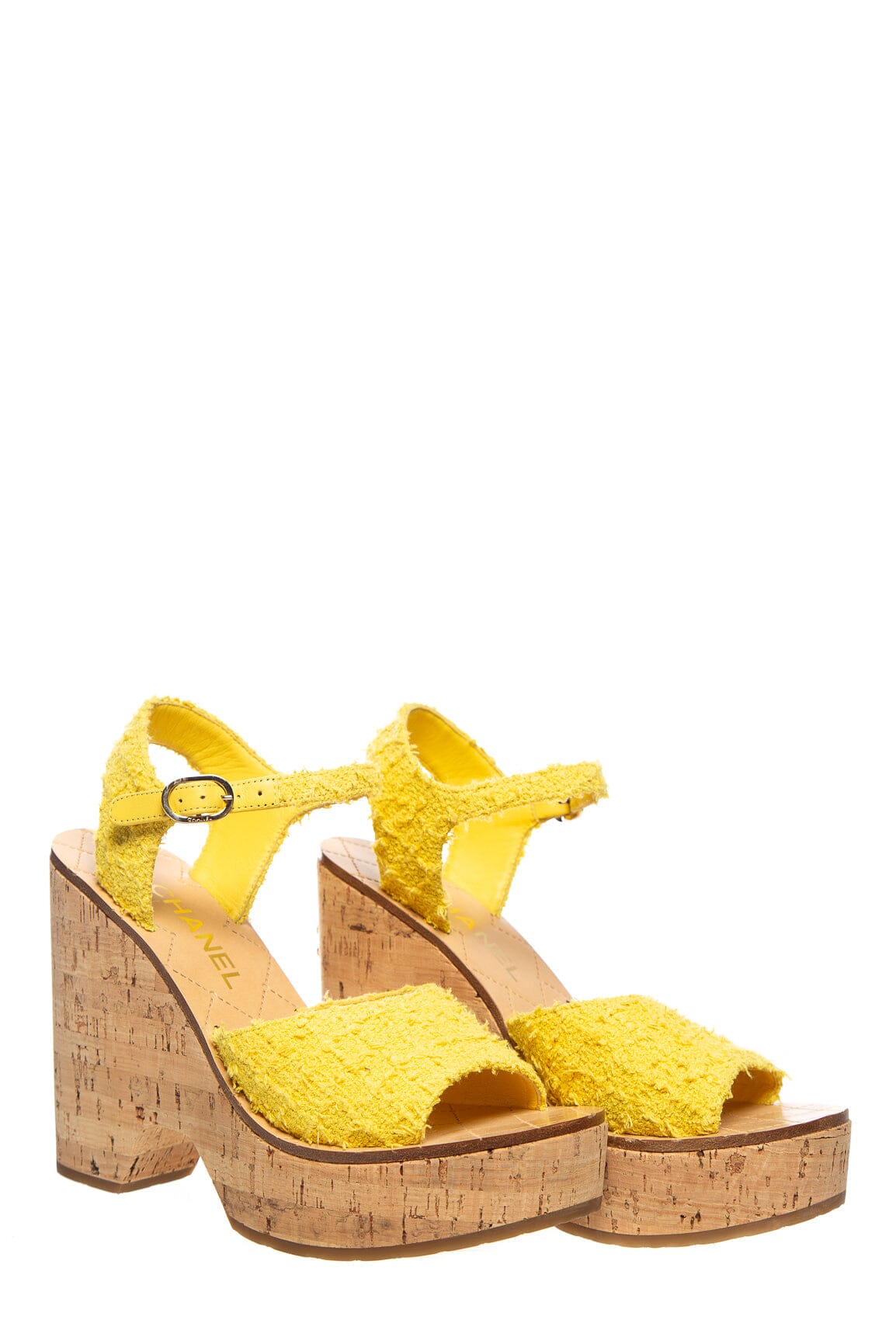 Chanel Yellow Tweed Wedge Ankle Strap Platforms SZ 39