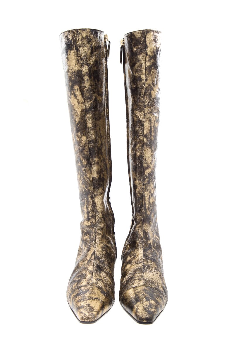 Chanel Gold & Black Leather Knee High Boots SZ 40